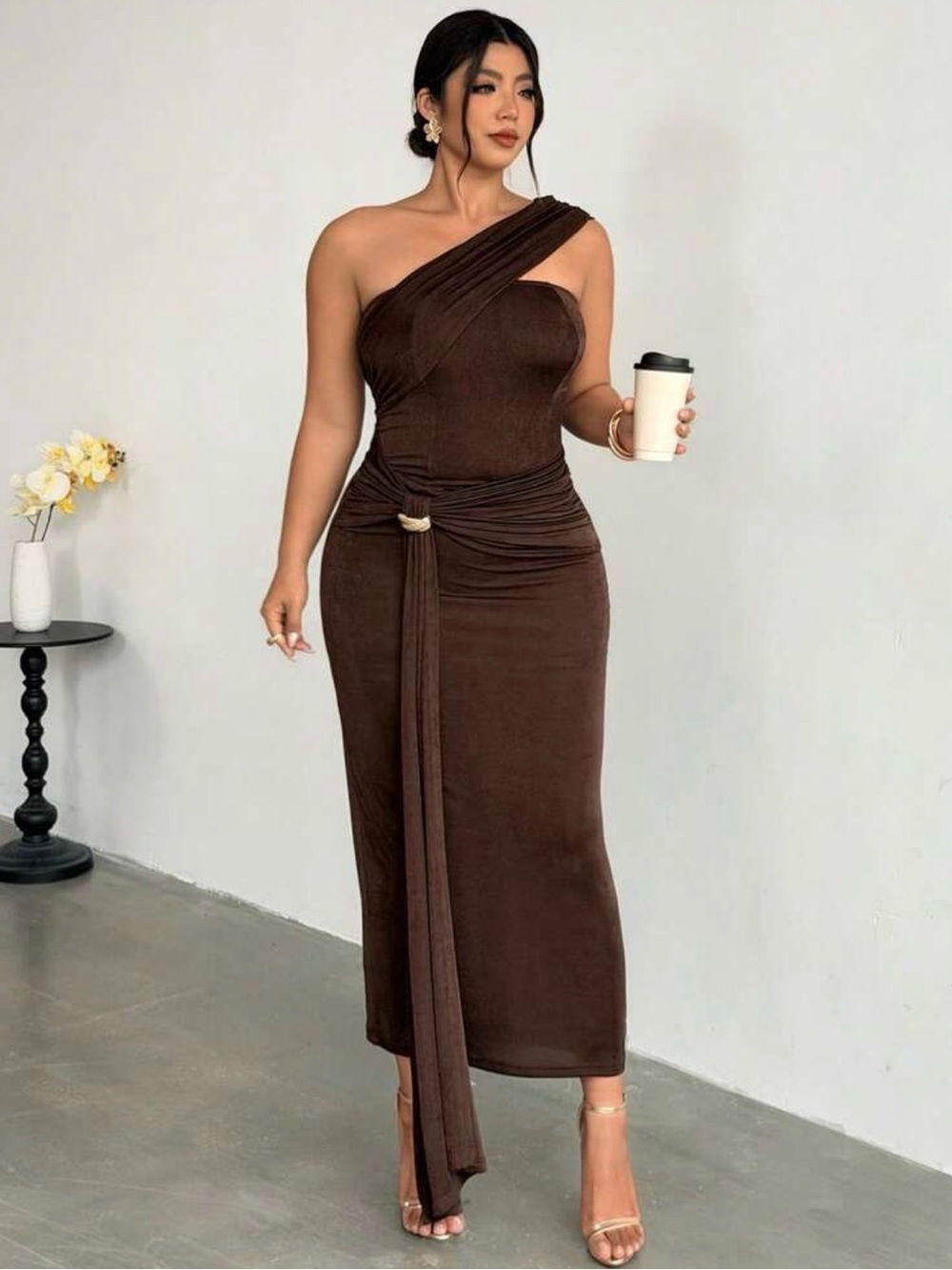 SHEIN One-Shoulder Draped Midi Dress in Chocolate Brown